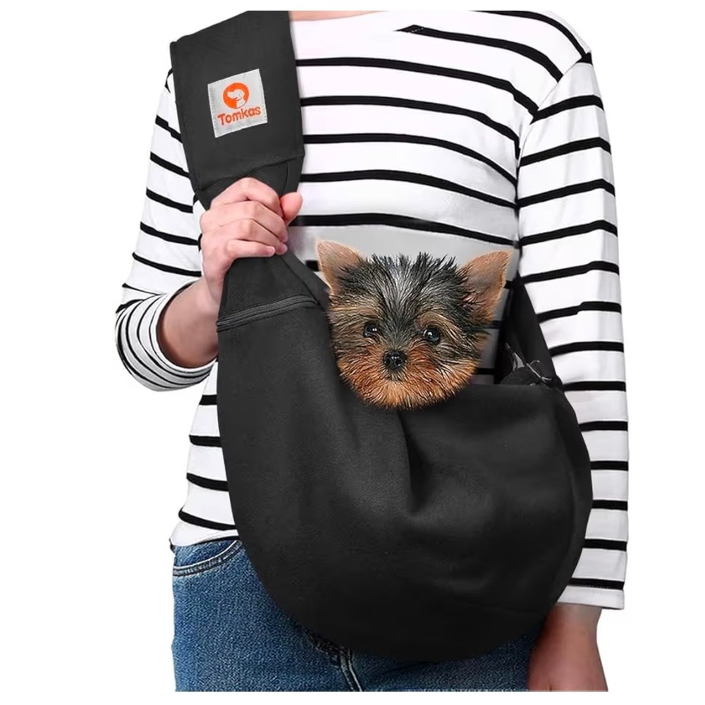 Tomkas Small Dog Carrier Sling Black Adjustable Strap Hands Free Pet Bag